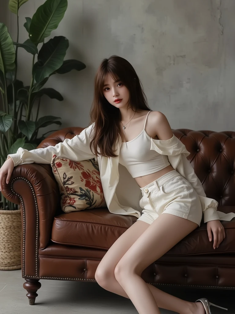 ((top-quality、10、master-piece:1.3))、1girlocus with a beautiful woman with a beautiful stomach...................:1.3、Esbian Full Body、(long-haired)、super delicate face、delicate eyes、二重まぶた、smile、house、Random color clothes、Wolf haircut,short pants,stand,slight smile,living room