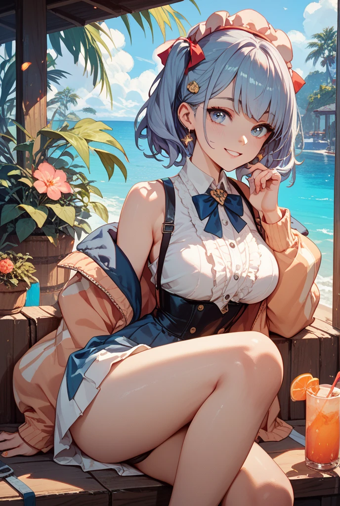 qiqidef, full bodyesbian, Sit on a beach chair,beach umbrella,ssmile, Be red in the face, exteriors, In the daytime,blue-sky, short detailed hair, looking at viewert, beachside,one piece swimsuit,wearing white pantyhose,No shoes。
