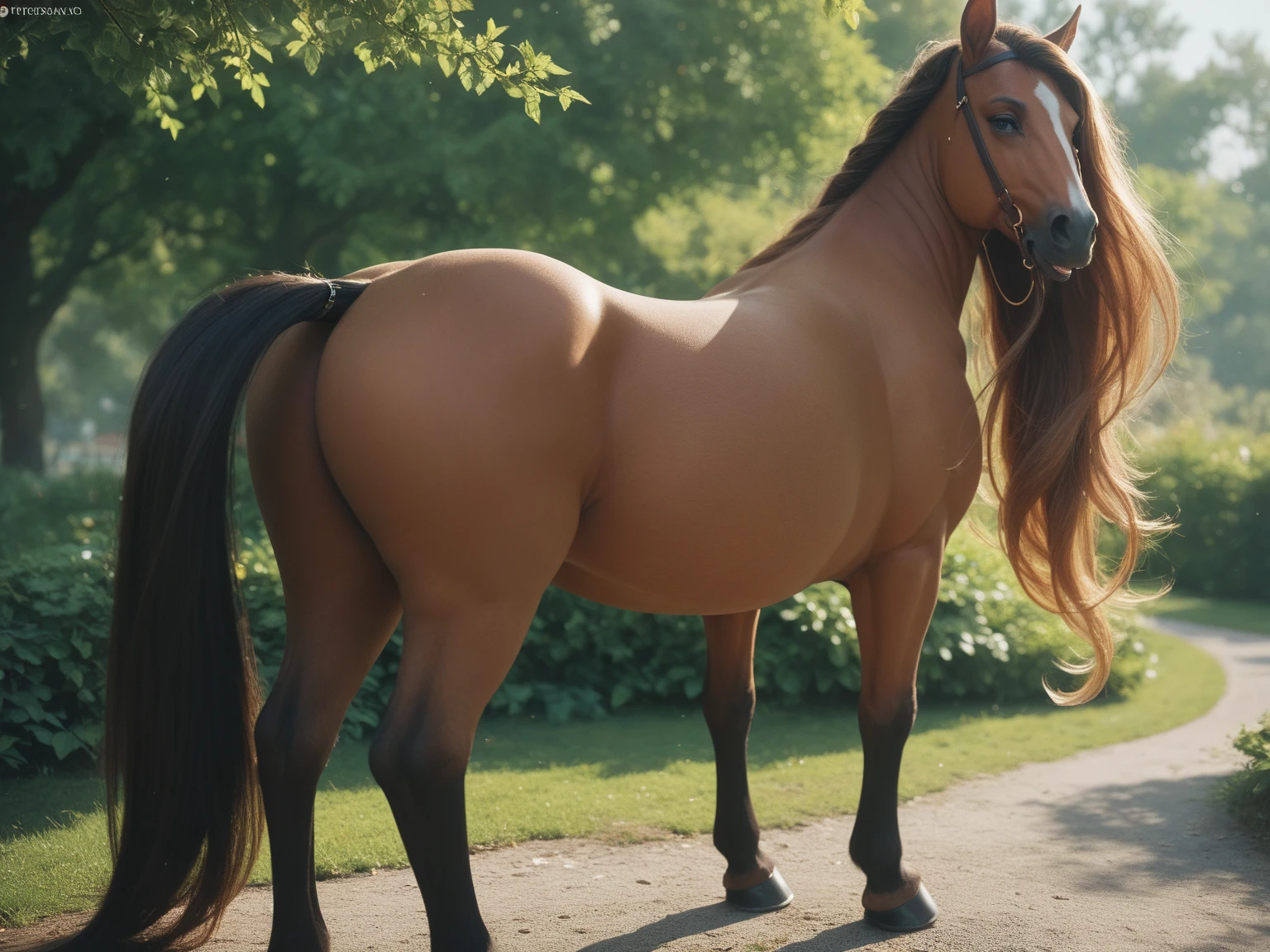 NSFW (nude) (Nami ((human)) large breasts, strip of pubic hair) rear view, from behind, vaginal penetration, fucking male furry horse with horse penis, full body, on a deserted beach