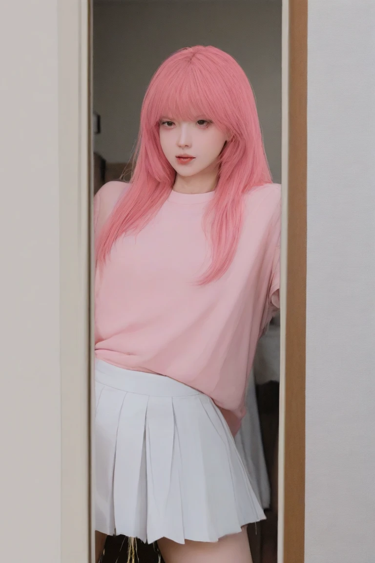 A cute little girl standing, pale skin, smooth pale skin, skin tune pink, cute face, blue eyes, pink hair, super detailed, 8k