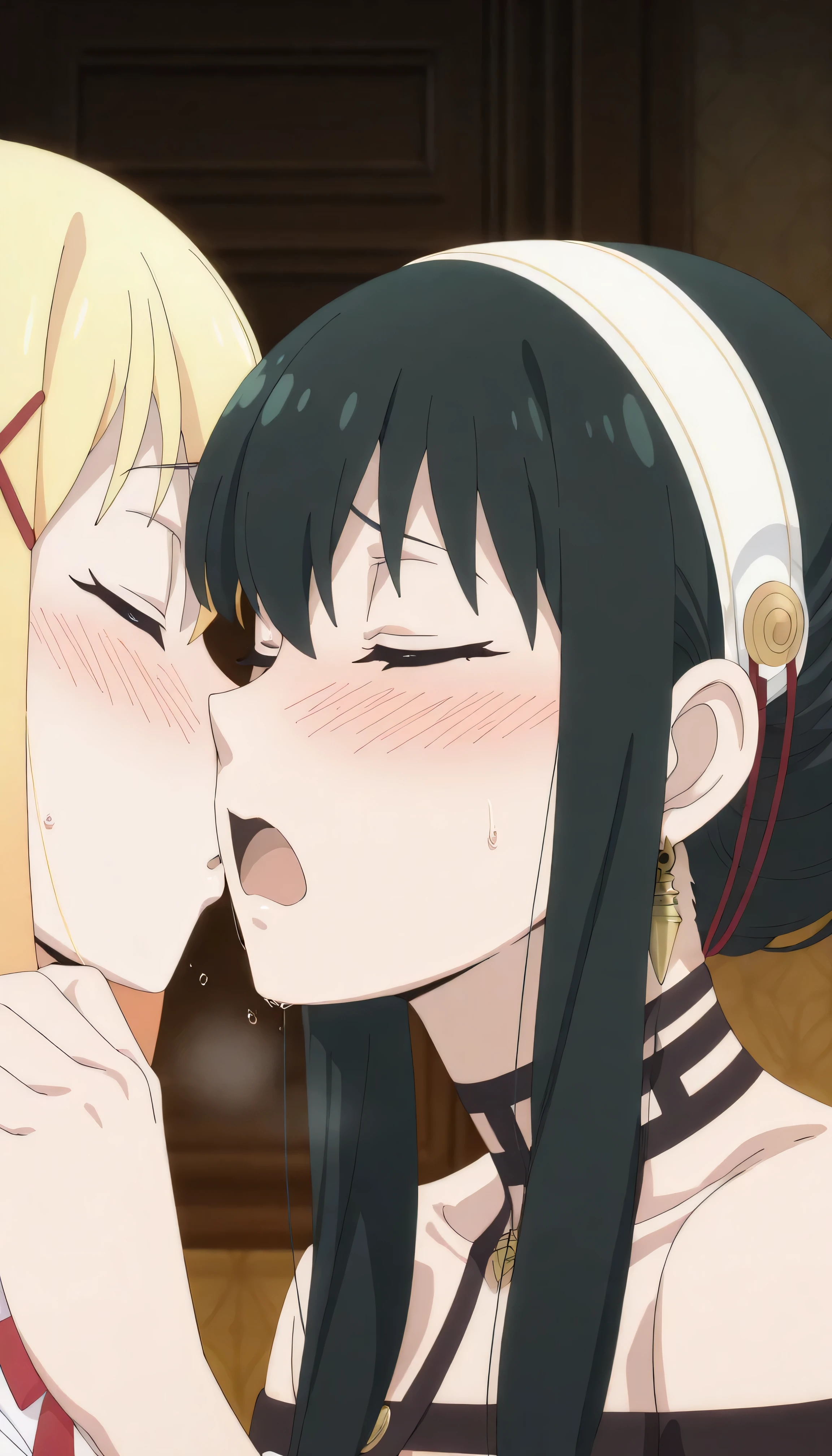 UHD, retina, masterpiece, accurate, anatomically correct, great skin, super detail, high details, high quality, best quality, highres, Yor briar, darkness /konosuba, 2girls, anime screencap, anime screenshot, official art, grabbing , squeeze each other , great photography , apretar , sniffing , darkness from konosuba sniffing, moaning , on face
