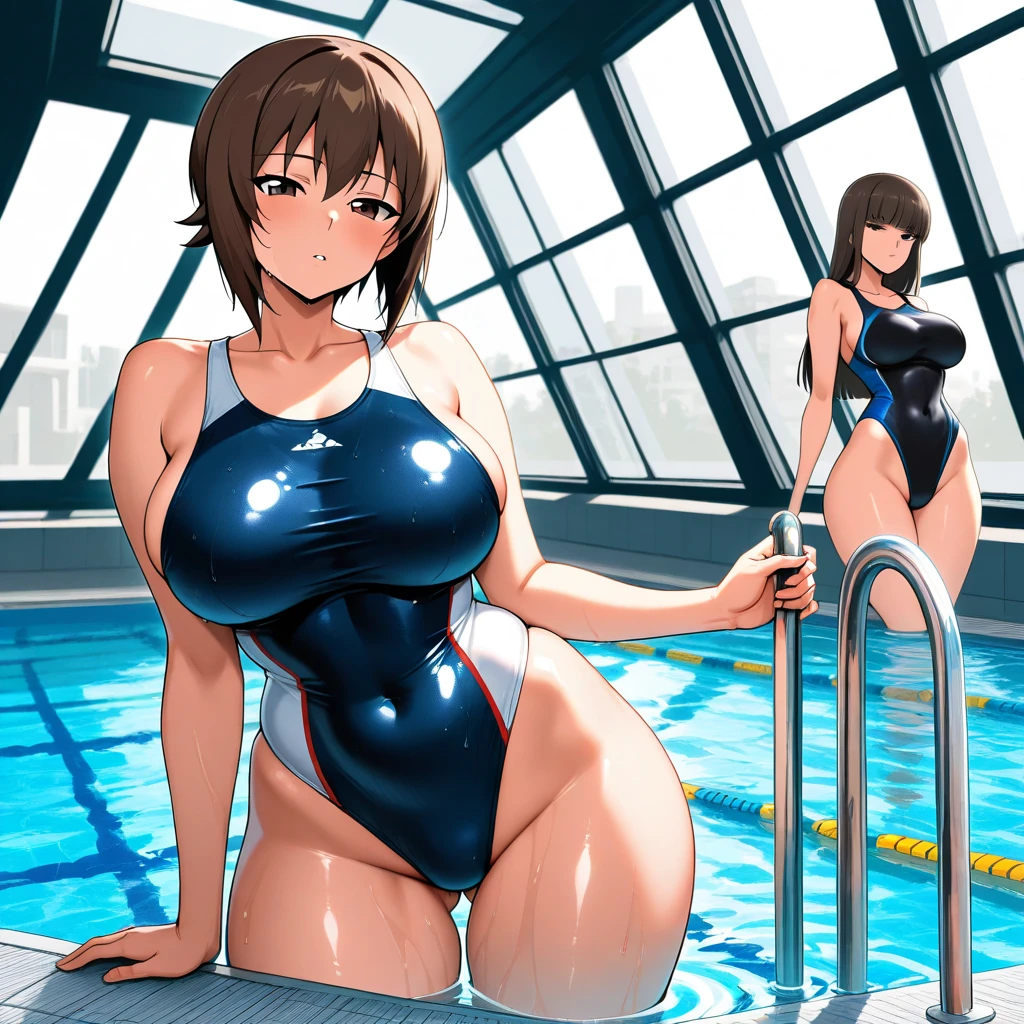 (Perfect body),Best Quality,16 K,(((adult woman)))、(((NSFW)))、(((blush))),(:o)、embarrassed from,(Short hair),((Forehead))、 (((Brown eyes))),((((Brown hair)))),(Sweat),(white knee-socks),((Big ass)),(((Navy blue high-leg swimsuit)))、(((large full breasts)))、((thick thighs))、Spreading legs、Sit up、in poolside