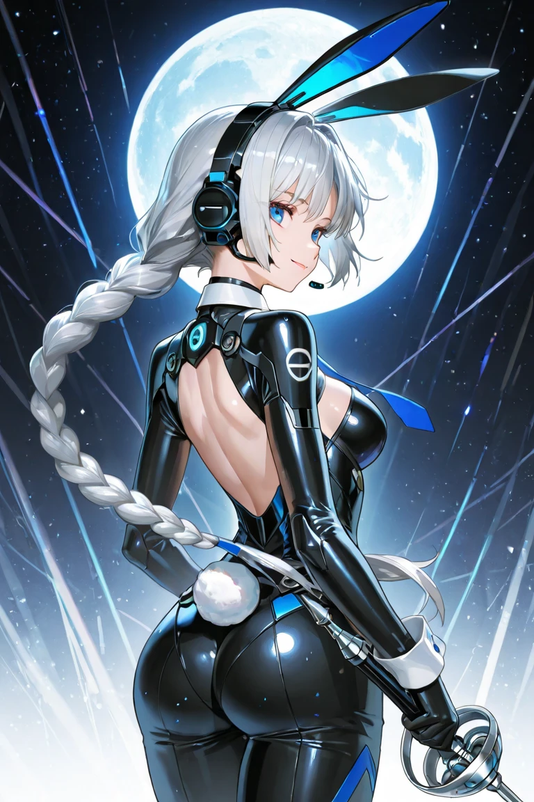 Highest quality、Highest quality、Masterpiece、girl((20-year-old、as soon as、Highest Bust、Medium Bust、Wide open chest、Red glowing eyes、Light Silver Hair、Disheveled Hair、Loincloth、thin、The best valley、Open chest、Full body view、Leather Tank Top、Leather pants、Smile、Leaning forward greatly,Perforated gloves、A tense face、Red headphones、Sexy pose、Accentuate your butt))、high quality、Beautiful Art、background((Space Station、In the cockpit))、flight、Flying Debris、Depth of text、movie、Visual Arts、Perfect Art、8K、Genuine、