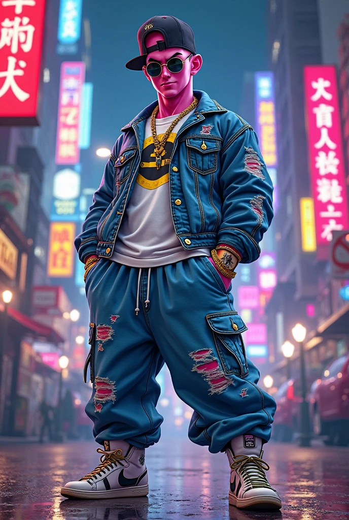 1boy, yaoi, sexy skinny guy with pink, hat over messy hair, sunglasses, streetwear, shirtless, super baggy pants, sneakers, korean city streets, pastel colors, detailed,