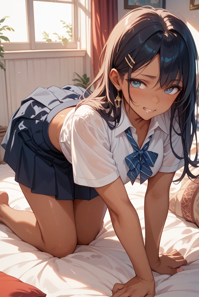 1 girl, takane manaka, ponytail, hair ribbon, school uniform, pleated mini skirt, (very detailed美しい顔と目:1.2), skirt lift, (white panties), dynamic angle, (smile), blush, looking at the viewer, black hair, european antique living room, luxury furniture, (highest quality,masterpiece:1.2), bull dress, High resolution, super detailed, very detailed, 32K, 8K resolution, intricate details, movie-like scene, detailed background, alone, dynamic angle, Natural light, hair blowing in the wind,