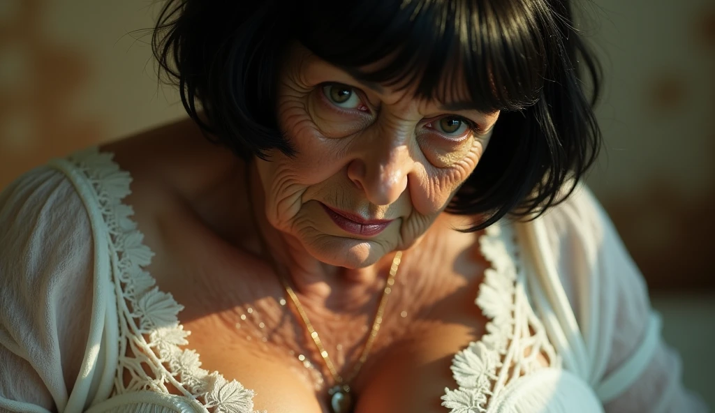 "An image that captures the expression of sadness and dejection on the face of an elderly woman. Convey the feeling that she carries the weight of many difficult experiences in life., showing the depth of your emotions." dressed only in a red erotic lingerie set, fishnet stockings, garter holder, a very hot string thong and bra. Her entire body remains fit despite the fact that her face reveals that she is a decrepit 120-year-old woman full of wrinkles and melancholy.. The camera observes from afar the decrepit and sensual depressed old woman.,.  The thong is just a tiny thread dividing her vaginal lips., she is becoming more and more distressed on the verge of crying, Even smaller, her thong is literally a thread coming out of her vagina., It is a smaller micro thong, even an extreme thong, and even smaller, it is a nano thong., her wet and juicy vaginal lips divided by the thread of that nano thong, and the decrepit old lady in full cry, He gets on all fours pointing his fat ass at the camera