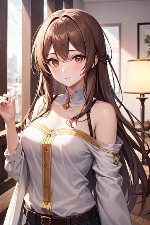 masterpiece,best quality,1girl,brown eyes,white dress,sleeveless,brooch,upper body,crimson sky,large breasts,cowboy shot