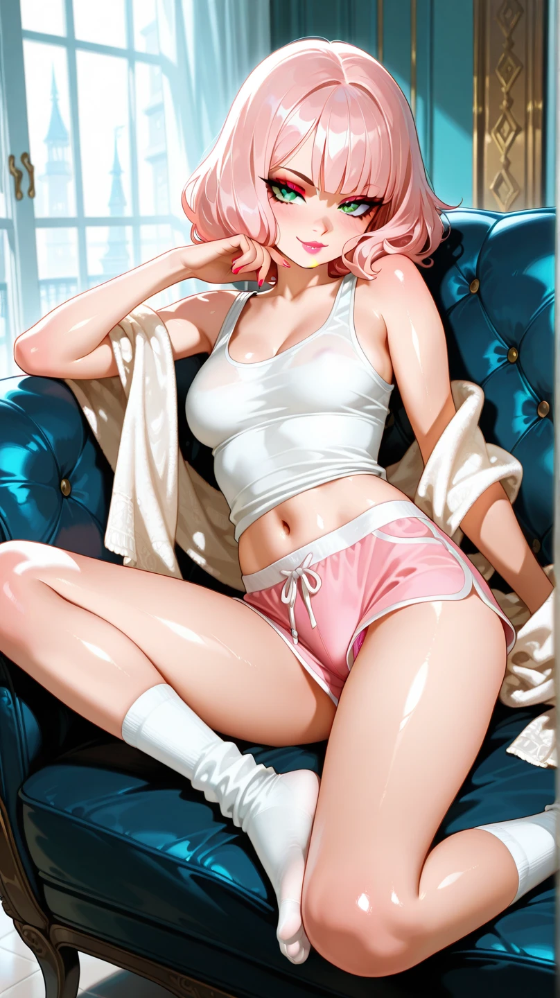 ((Highest quality, 8k, masterpiece :1.3)), (Sharp focus :1.2, Beautiful woman with perfect figure :1.4, Slim Abs :1.2), ((Big Breasts, Emphasize cleavage, The underboob is visible:1.3)), (Photorealistic:1.4), (realistic:1.4), (Pink Hair:1.5), Highly detailed face and skin texture, Fine grain, double eyelid. Makeup face, A little bit of lipstick, sex appeal, Sexy gravure pose, (Pink silk camisole、Lying sexy in the bedroom、Show off your legs。An innocent smile。: 1.3)