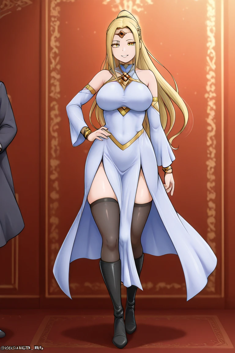 best quality, (masterpiece),(ultra-detailed), (high quality), (high resolution), (3heads:1.5), same hair color 1girl, ((blond long hair)), wavy hair, ((large breasts)), ((thighs)), cleavage, shy smile, carefree, charismatic, ((black long dress with gold patterns)), ((side ponytail)), blue eyes, Mature woman, ((sexy and feminine)), three headed woman, ((queen)), (wide shoulders), hair ornaments, full body