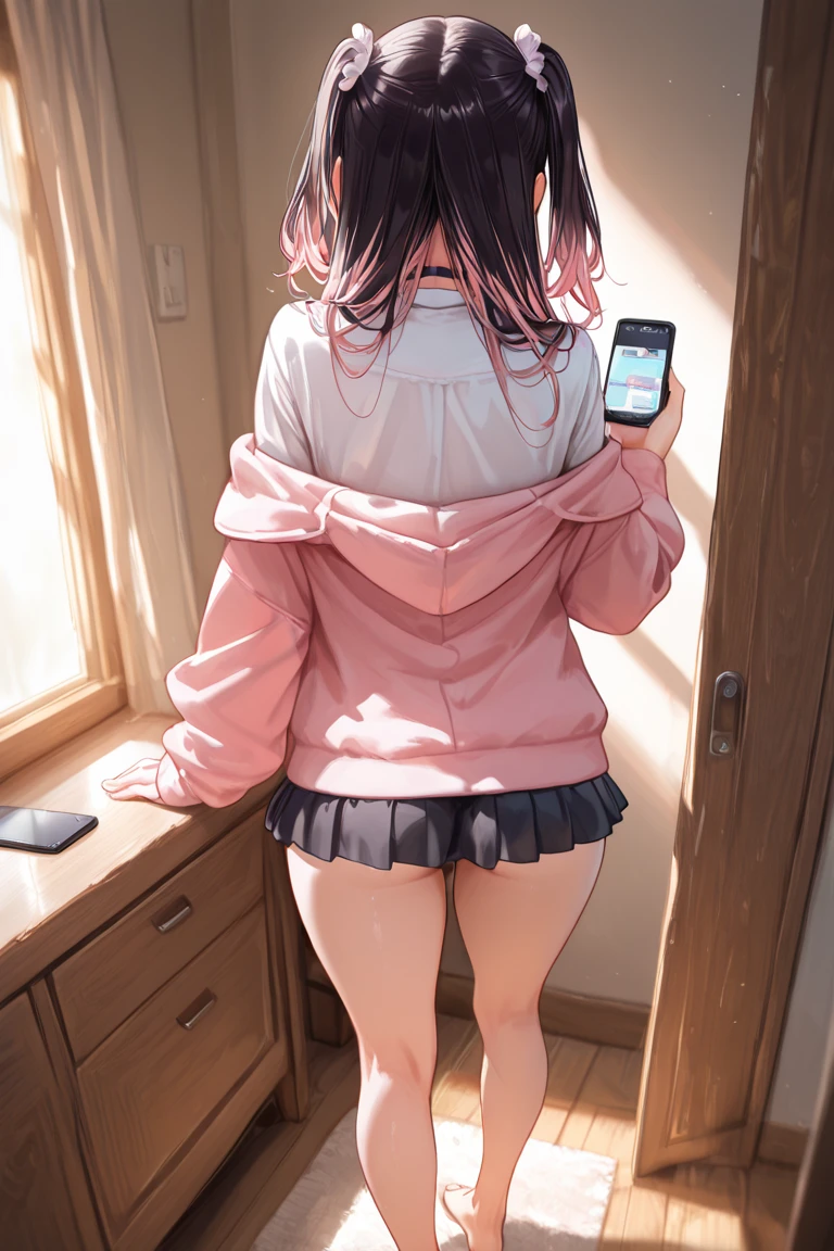 NSFW, ​masterpiece、girl with、hi-school girl、School Uniforms、FULL ANATOMY、complete hands、complete fingers、lighting like a movie、Squatting、School Gate、I can see panties、Panties with patterns、Wearing childish panties、Wear cotton panties、Smartphone with detailed design, Super Detail、Operating a smartphone、Holding the mobile phone in one hand、(Look at her phone screen:1.4)、(Her gaze is on the screen of her smartphone:1.4)、Shoot head-on、She focuses on smartphones、Don't look at the camera