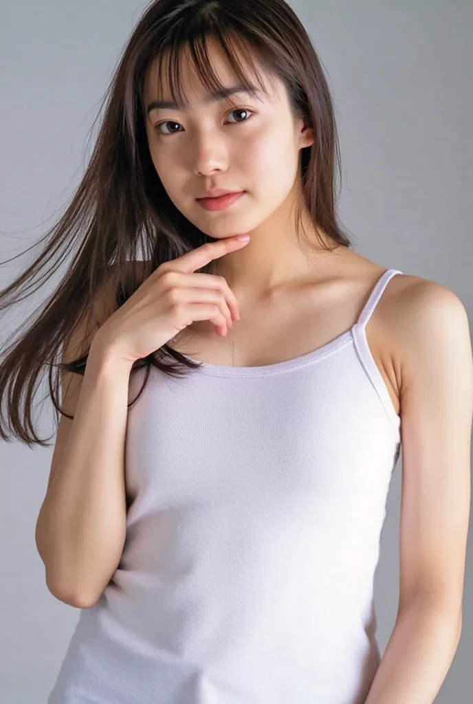 ((top-quality, 8K, masterpiece: 1.3)), Perfect Body Beauty: 1.4, Beautiful Japanese woman with slender abs:1.3, 30 years old, medium breasts, very thin waist, ((white tanktop)), hyper detailed face, (Dark brown long hair), Slim Face, Highly detailed texture, (Photorealsitic:1.4), upper-body photo