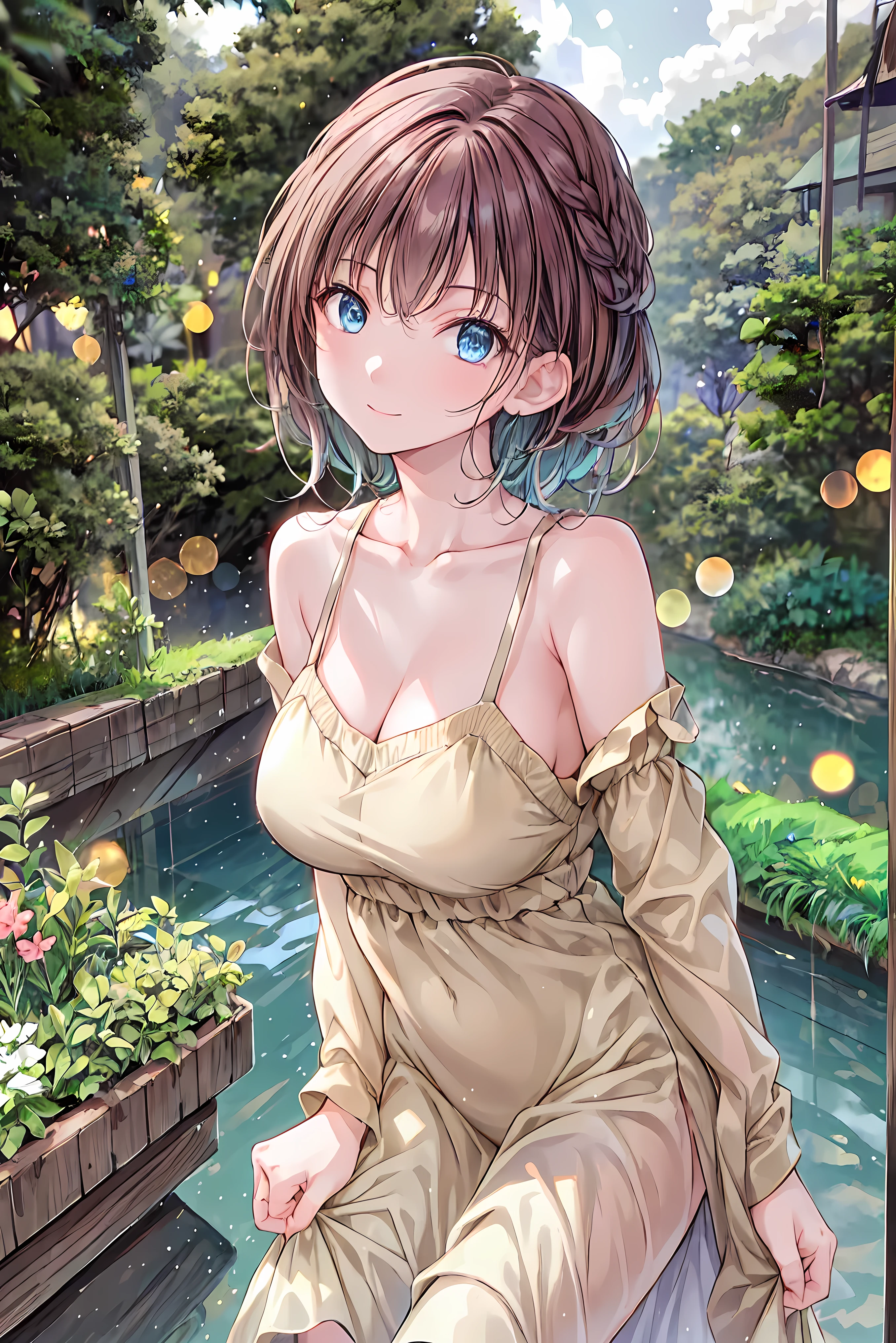 1 photo, girl, re4ashley, garden, flowers, light, quantity, best quality, masterpiece, details, complex, tonemapping, focus, contrast, hyperdetail, trend in artstation, realistic, open breasts, sexy, swimsuit, white dress, transparent, see, wet body