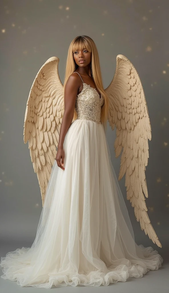A full-body image of a Black woman exuding an angelic essence, posed elegantly against a gray background. She is dressed in a luxurious mint green silk gown with a flowing A-line silhouette and a subtle shimmer. The gown's silk charmeuse fabric drapes gracefully, adding a touch of refinement. Her curly hair is styled in a soft updo with pearl pins, creating a celestial crown-like effect. Her skin radiates a golden glow, enhancing her divine appearance. She wears antique-inspired heels with delicate embroidery. Her jewelry includes a raw pearl necklace and delicate crystal-studded earrings, adding a sense of ethereal elegance and timeless beauty to her look.