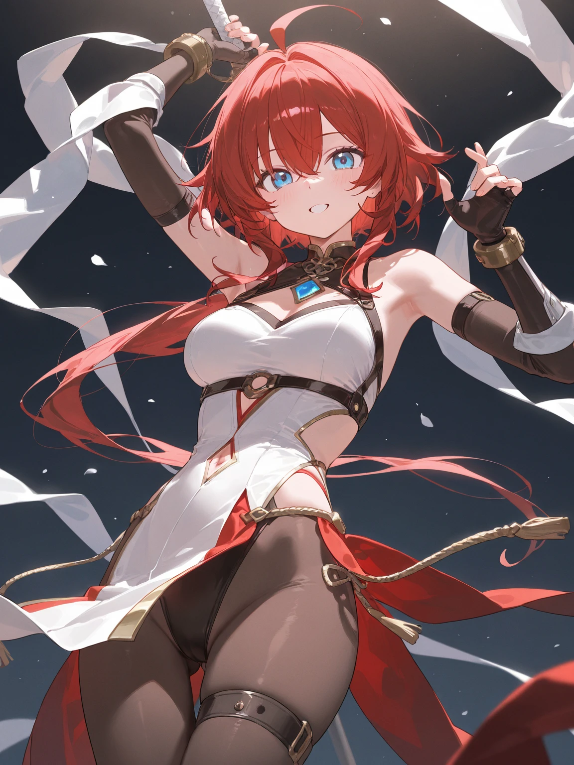 best quality, masterpiece, high quality, vesta_harem, 1girl, large breasts, cleavage, navel_cutout, side_slit, [[[[[red eyes]]]]], BREAK [red_leggings], oversized_belt, white_dress, BREAK holding_sword, cloudy_sky, sunlight