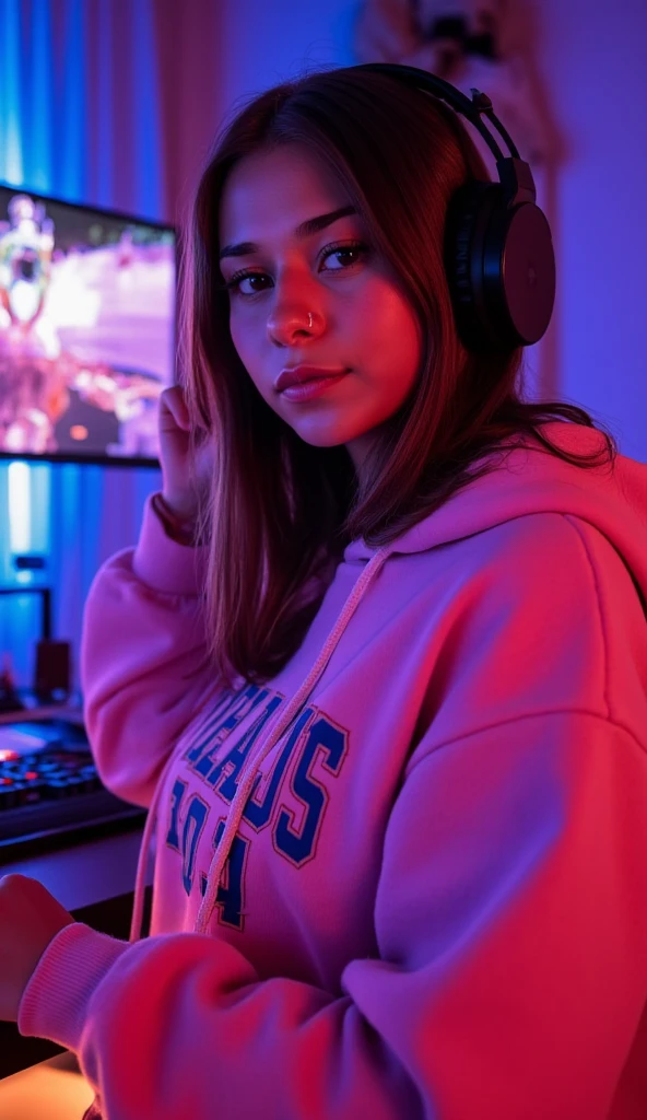 DEN_chloe_tetsuwuo,
(sitting at a computer wearing headphones and playing games (holding a controller:1.2) wearing a (hoodie:1.2) in a (neon lit room:1.3), (gamer:1.2), gaming, (gamer girl:1.3), games, (purple lighting, neon:1.2):1.2),
bokeh, f1.4, 40mm, photorealistic, raw, 8k, textured skin, skin pores, intricate details <lora:epi_noiseoffset2:1>, epiCRealism
