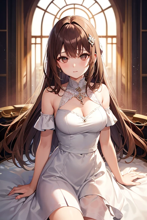masterpiece, Highest quality, One girl,Brown Hair、From the waist up、Brown nits、Brown sleeveless knit、20-year-old woman、Long Hair、Chest cutout、Cleavage、Earringole under the eye