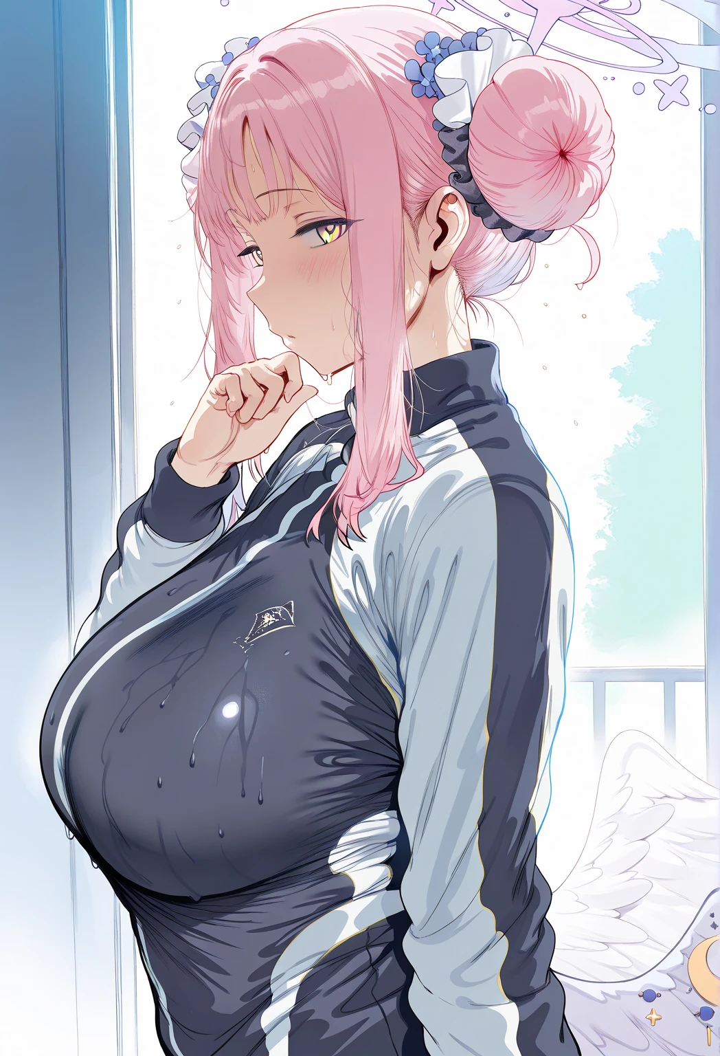 (hyperrealistic), (illustration), (high resolution), (8K), (extremely detailed), (best illustration), (beautiful detailed eyes), (best quality), (ultra-detailed), (masterpiece), (wallpaper), (detailed face), solo 1 girl, white wavy hair, korean, heterochromic eyes, small moles under the eyes, loose white shirt, yoga pants, big breasts, long legs, tight abs, camel toes, dynamic pose