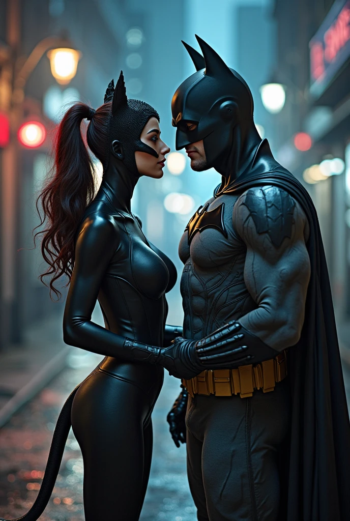1 boy 1 girl, a muscular man in batman armor and mask, a curvy hourglass woman with wide hips and thick thighs dressed as harley quinn, couple engaged in doggystyle sex, 1 boy and 1 girl, the arkham streets at night, cinematic lighting, hyper detailed, 8k, photorealistic, dramatic lighting, moody atmosphere, gritty and dark, comic book style, rich colors, dynamic pose
