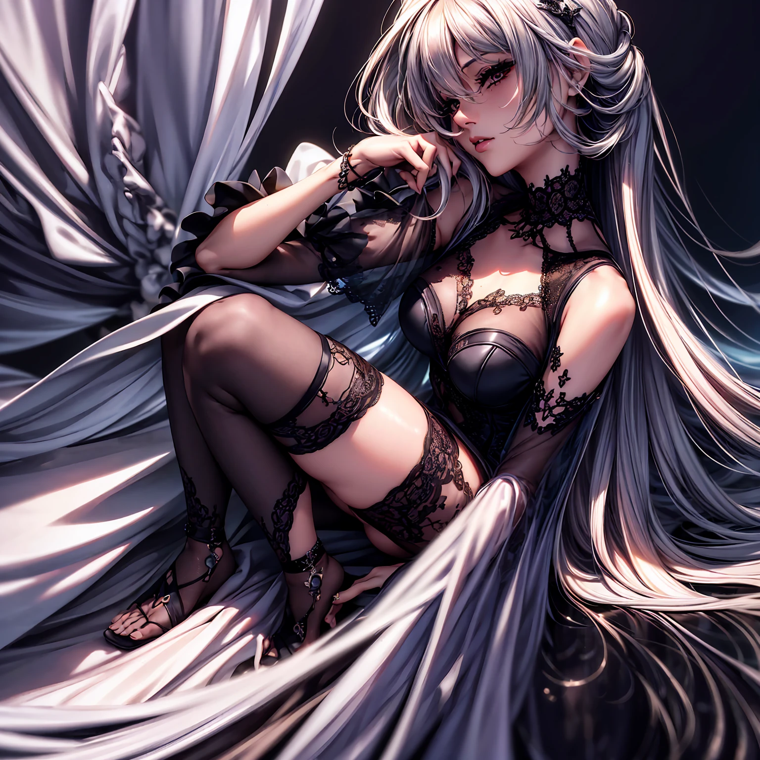 Cinema Lighting,Highly detailed skin、Beautiful attention to detail、Highest quality,cyber punk,(replace、Dim color, Calm tone:1.3),Browsing Caution(Three beautiful women、Beautiful facial features down to the last detail:1.3)Silver Hair、Blue Hair、Brown Hair(Shapely breasts、Sexy Underwear、Torn clothes:1.2)(The arms and legs are mechanical.:1.2)(The front row is seated、On all fours、3P Girl:1.3)on a huge bed、A dazzling morning、Concrete bedroom、Tokyo in the near future