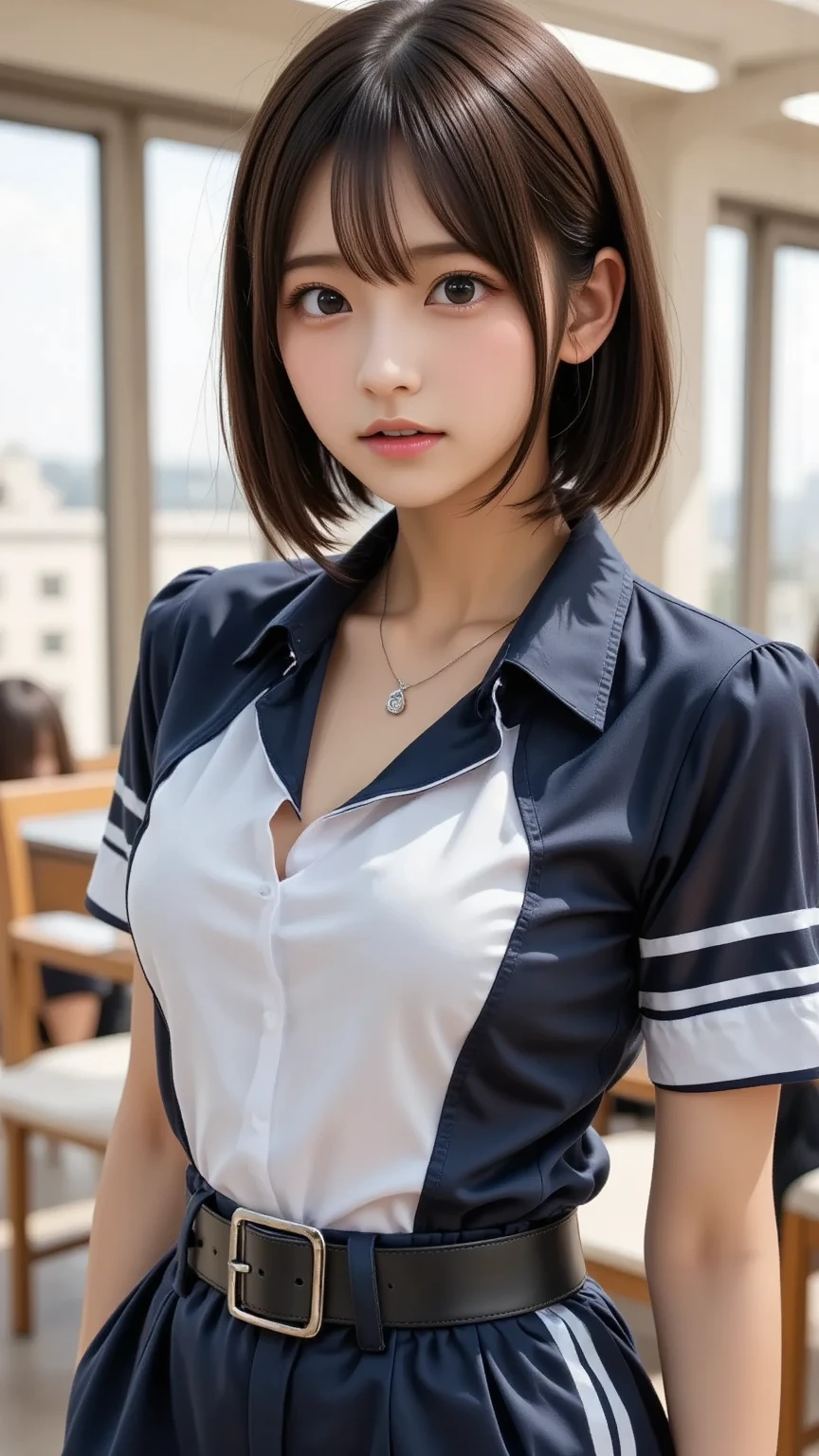 one girl, (A beauty girl, Delicate girl:1.3), (, cute:1.3), break, (School uniform:1.3), break, (Open the buttons on your shirt:1.3), break, Cleavage, break, Very fine grain definition, (Symmetrical eyes:1.3), break, (bedroom:1.2), break, Large Breasts, Brown eyes, Parted bangs, Brown Hair, ponytail, break, Smile, Strike a cute pose, break, (Eyes and facial details:1.0), break, (masterpiece, highest quality, Super detailed, Detailed face, 8k)