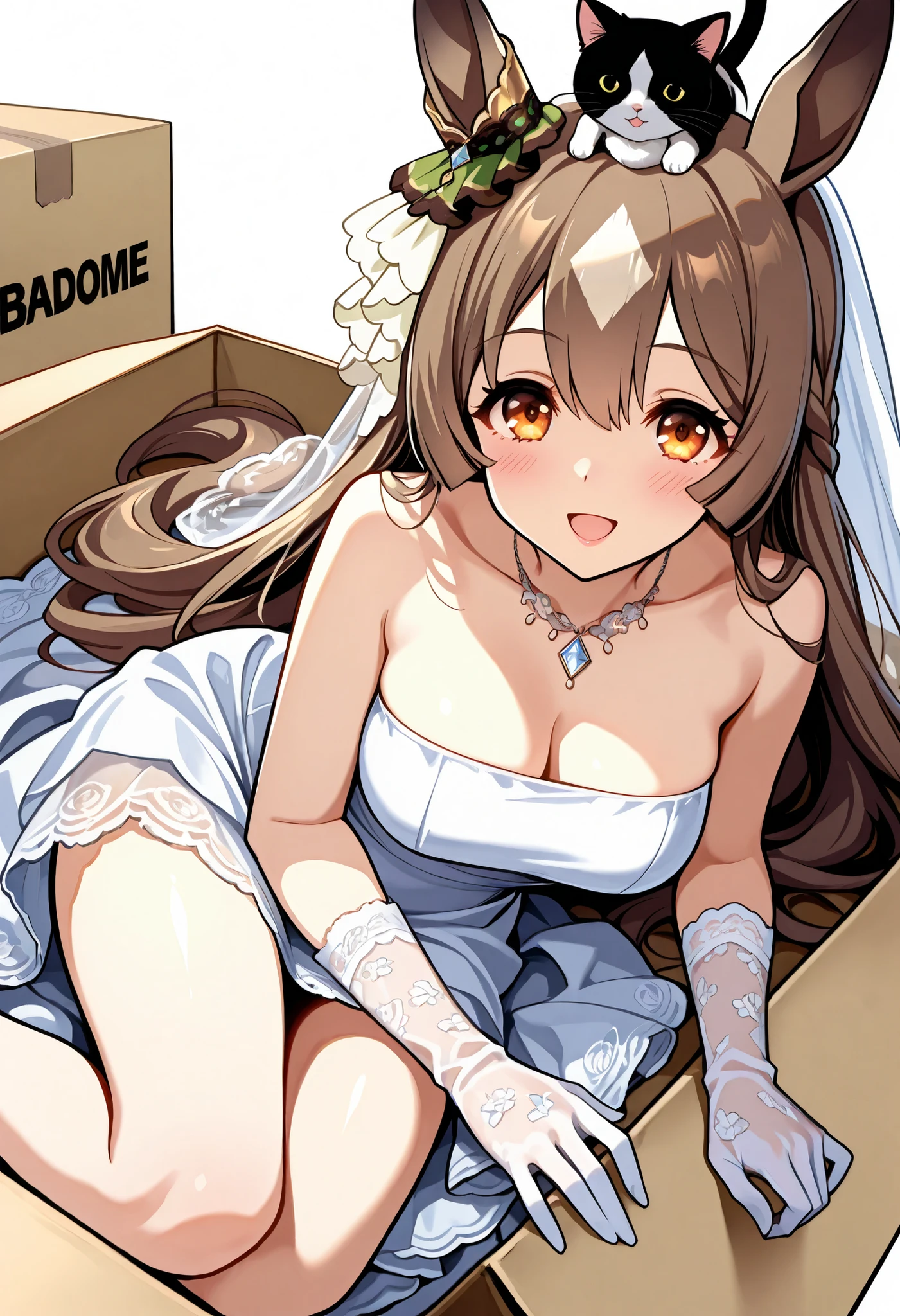 (((chibi))), (masterpiece, best quality, perfect face:1.4), wide angle, satono diamond \(umamusume\), 1girl, horse ears, ear ornament, horse tail, tail on the lower back, proportional body, proportional, beautiful hair, beautiful face, beautiful detailed eyes, beautiful clavicle, beautiful body, beautiful chest, beautiful thigh, beautiful legs, beautiful fingers, looking at viewer, BREAK, beautiful bride wearing beautiful wedding dress, (bridal veil:1.5), (Transparent short veil:1.5), (tube top wedding dress:1.5), (Silk dress:1.2), (Strapless wedding dress:1.5), pure white dress, necklace, lipstick, (lace gloves:1.5), long white dress, ((cat on top of head)), ((lying in cardboard box)), box labeled "super creek", BREAK, blush happy smile (open mouth), white background,