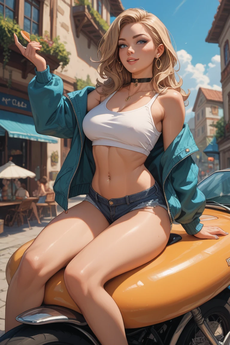 A wide-angle view of a rustic bus stop in the Japanese countryside with cumulus clouds . A woman in her 30s sits on the wooden bench, waiting for a bus, She is wearing a white patterned bikini ,necklace, earrings, and bracelet. (sunglasses、juice、hot、Sweat),Her blonde hair, styled in a short bob, ((Hot summer sunshine))The lighting is soft, with a mix of backlight and natural light that highlights her realistic, sun-kissed skin and toned physique. The focus is on her pose and detailed features, reminiscent of a classical painting with a Ghibli-style color palette and an emphasis on realism and charm. Masterpiece, Highest quality, Anime Style.((Bus stop in Japan countryside))jzcg006((bikini swimwear))((Woman sitting at a bus stop))Model Style,Mature