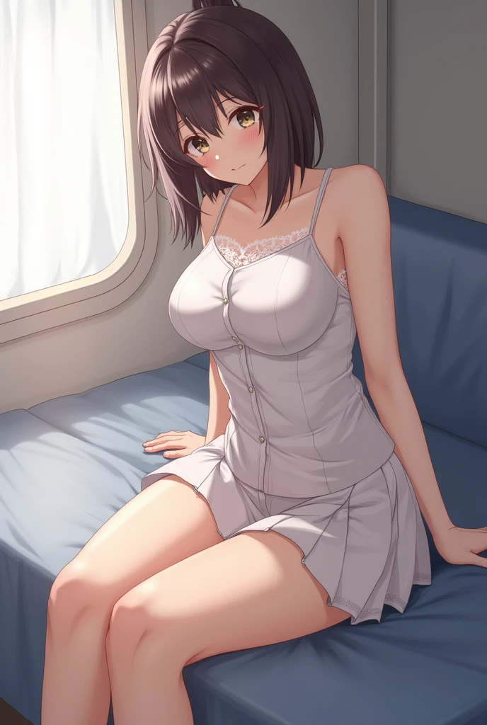 (masterpiece:1.2), (high quality:1.2), (hui xiyi:0.7), rekkyo sensen, rekkyou sensen, girls with((1girl, solo, black hair, yellow eyes, long wavy hair, one side up, short thin eyebrow:1.55), (right swept bangs:1.4), (medical eyepatch:1.4), bare shoulder, blush, breasts, black choker, cleavage, coat, cowboy shot, (blue dress, dress, frills, panniers, camisole dress, frills dress skirt, medium dress skirt, ribbon waist belt, ribbon belt:1.2), collar, collarbone, rosary, rosary choker, cross, fur, fur trim, parka, khaki hoodie, green hoodie, khaki jacket, hood down, hooded coat, hooded jacket, hoodie, jacket, long sleeves, medium breasts, open clothes, open coat,open hoodie, sleeveless, winter clothes, white legwear, single legwear, cleavage, smiling, opened mouth, sitting a bed)), background with((hospital room:2.0))