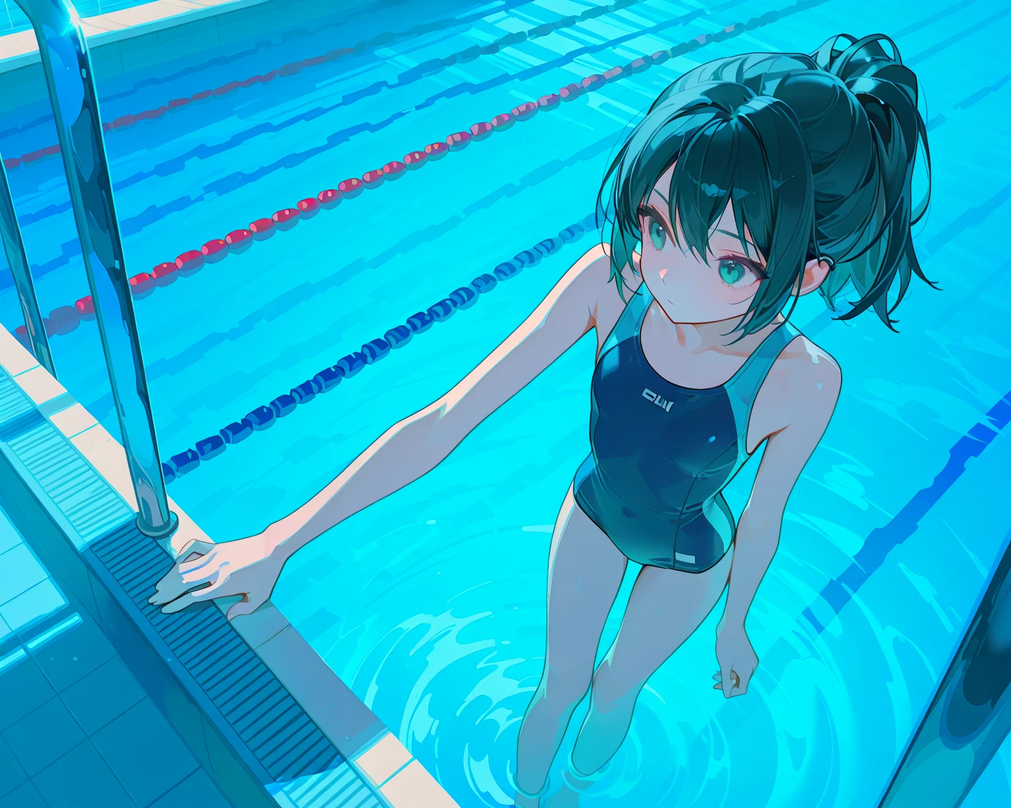 ssmile，（best qualtiy）++，（tmasterpiece）++，（hyper-detailing）++，（A high resolution）++，（8K portrait）++，production art，（（Add layer））），full bodyesbian，（（Dark blue one-piece swimsuit）），Side Body，solo person，solo person，swimmingpool，In the daytime，blue-sky，delicated face，Look from afar，with brown eye，a variety of poses，short detailed hair