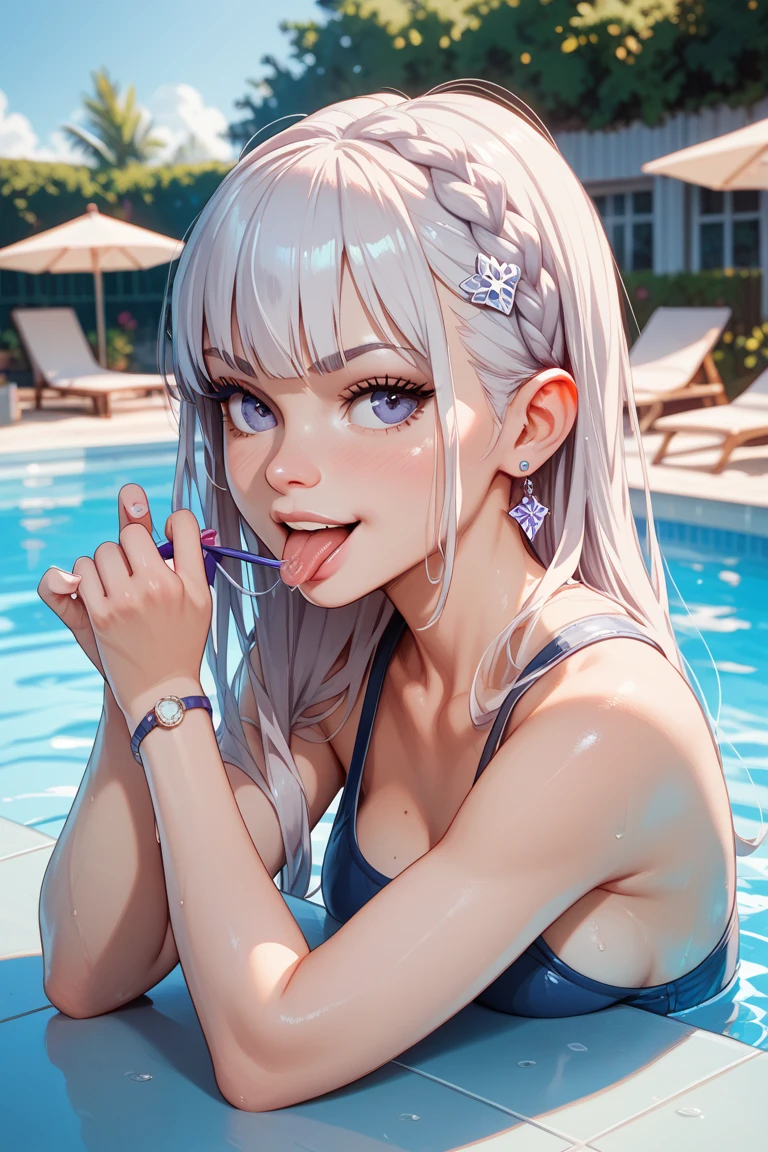 Eating ice cream by the pool　Chibi character　Silver hair swimsuit
　