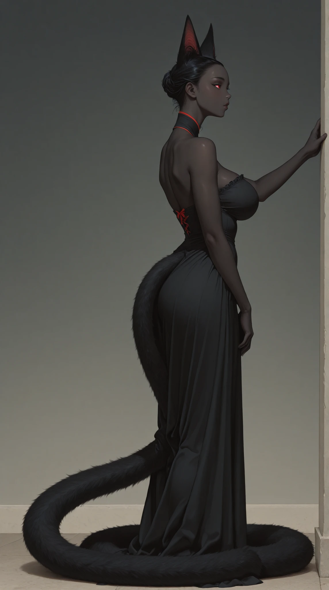 Profile view of beautiful woman in a gown, long slit up the side, small boobs, big butt, high heels, very pretty, confident woman, standing tall