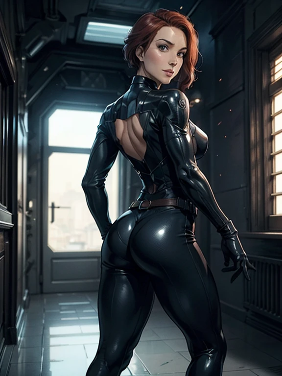 (masterpiece),(Full Body View),(Scarlett Johansson),(Short Red Hair),(Detailed Ass),(Detailed Green Eyes),(Detailed Nose),(Detailed Lips), toned back, wide hips,(Detailed Thighs),(Athletic Figure),(Black tactical suit),(Left Arm is Cybernetic), Casual Lean: Leaning against a wall, Black Widow's tight suit hugs her curves, accentuating the shape of her buttocks. With a relaxed posture and a playful smirk, she looks back over her shoulder, inviting admiration.