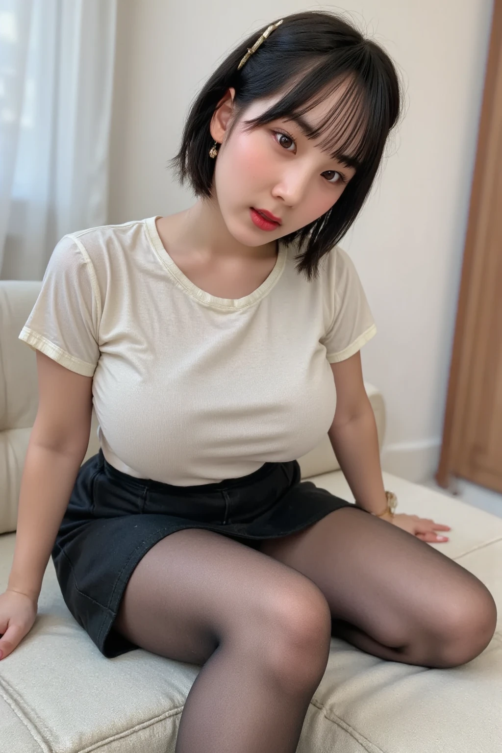 (8k, RAW photo, best quality, masterpiece:1.2), (realistic, photo-realistic:1.2), (extremely detailed 8k wallpaper), sharp focus ,professional lighting ,20 years old Japanese woman,famous japanese idol,Short Bob Hair、Dark brown hair color,flat chest:1.1 ,potbelly,(warering blouse:1.0),warering long skirt,(Showing panties:1.1),Sitting in a chair、Spread your legs,skirtlift,Shooting from below