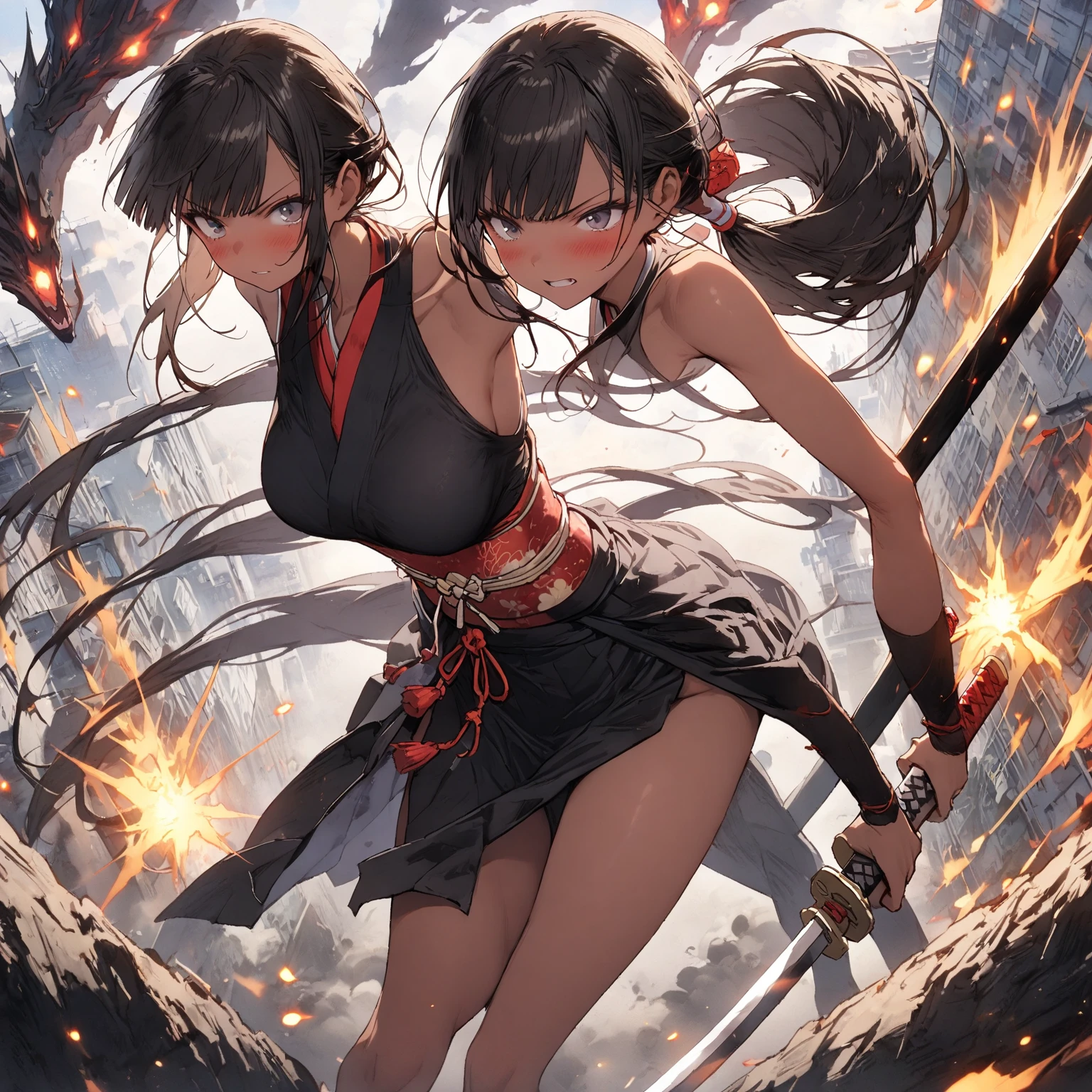 Full body shot of two female character from Dead or Alive game. Kasumi versus Ayame, fighting in a fierce duel death match with weapon short swords, with serious expression. Kasumi looking to Ayane, and Ayane looking to Kasumi. They have long loose hairstyle. They are wearing different color of sleeveless kimono, with a floral print skirt, an obi tied on back hip, a pair of 100% black thigh highs, black shoes, a pair of thin long black elbow gloves, hand guards, and a choker. Background set in a dark forest.