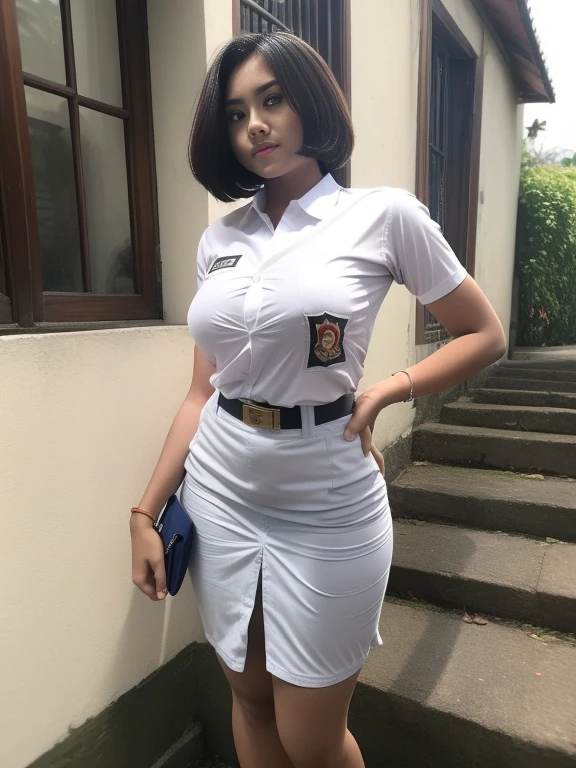 1girl, (indonesian_high_school_uniform), (bob highlight gold hair), crowded, (public malls), detailed face, detailed eyes, huge breasts, shiny skin, looking at the audience,(8k, RAW photo, best quality, masterpiece: 1.2), (realistic, realistic: 1.37), ultra-high resolution, (gigantic breast), big breast, deep v neck, (bodycon),(very short skirt), (plunge neckline), choker, button shirt, navel