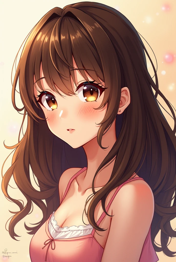 sexy, anime, chubby, brunette, long lushes curly hairstyle with bangs, chocolate sauce