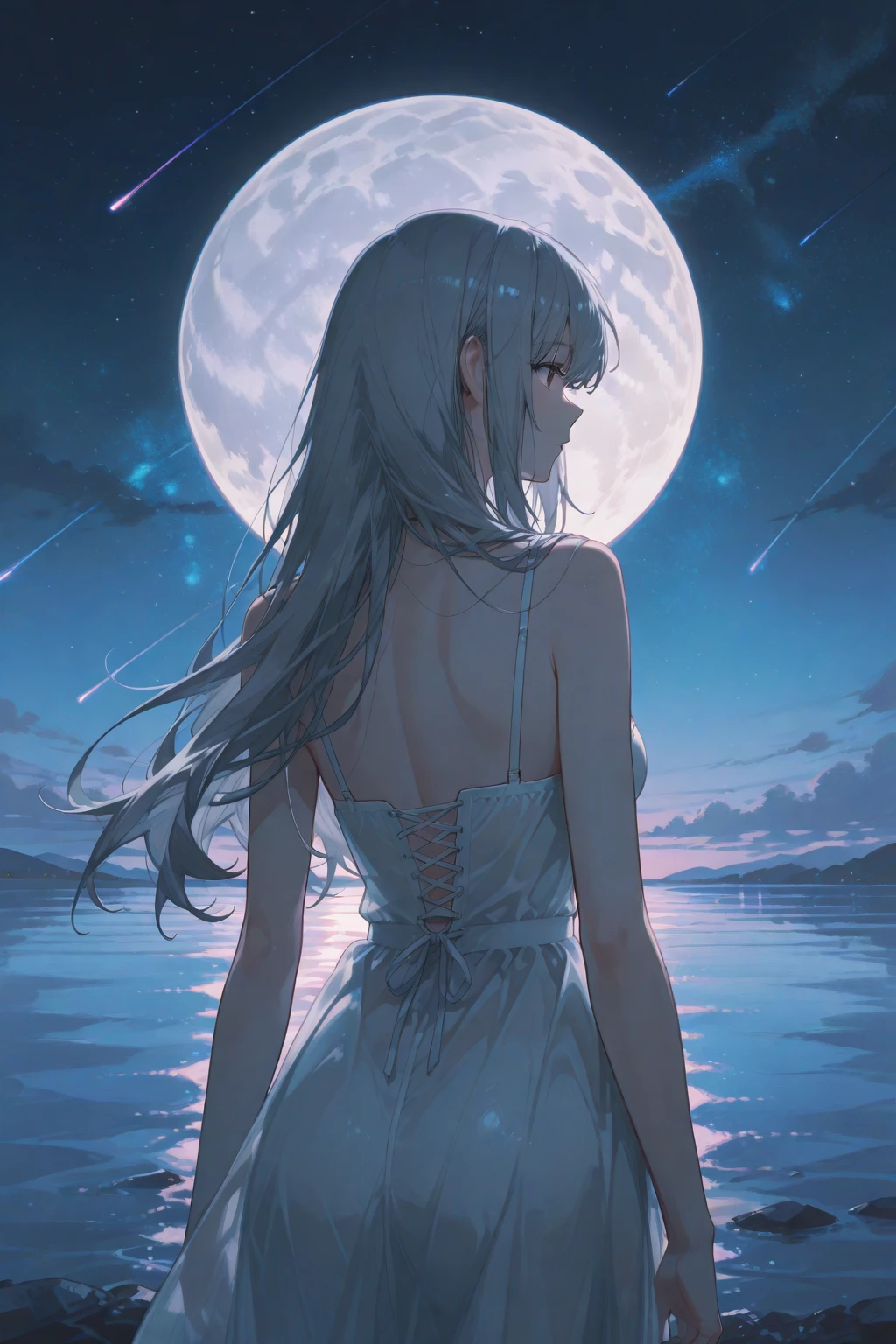 A full moon shines brightly over the ocean, anime backgrounds, Anime Sky, Anime Cloud, Today’s recommended anime is still, on a clear night sky, cloudy sky under moonlight, Bright moonlight, anime screenshot, atmospheric anime, night time moonlight, Beautiful floating clouds. jpn, themoon, 当themoon满的时候, soft moonlight lighting