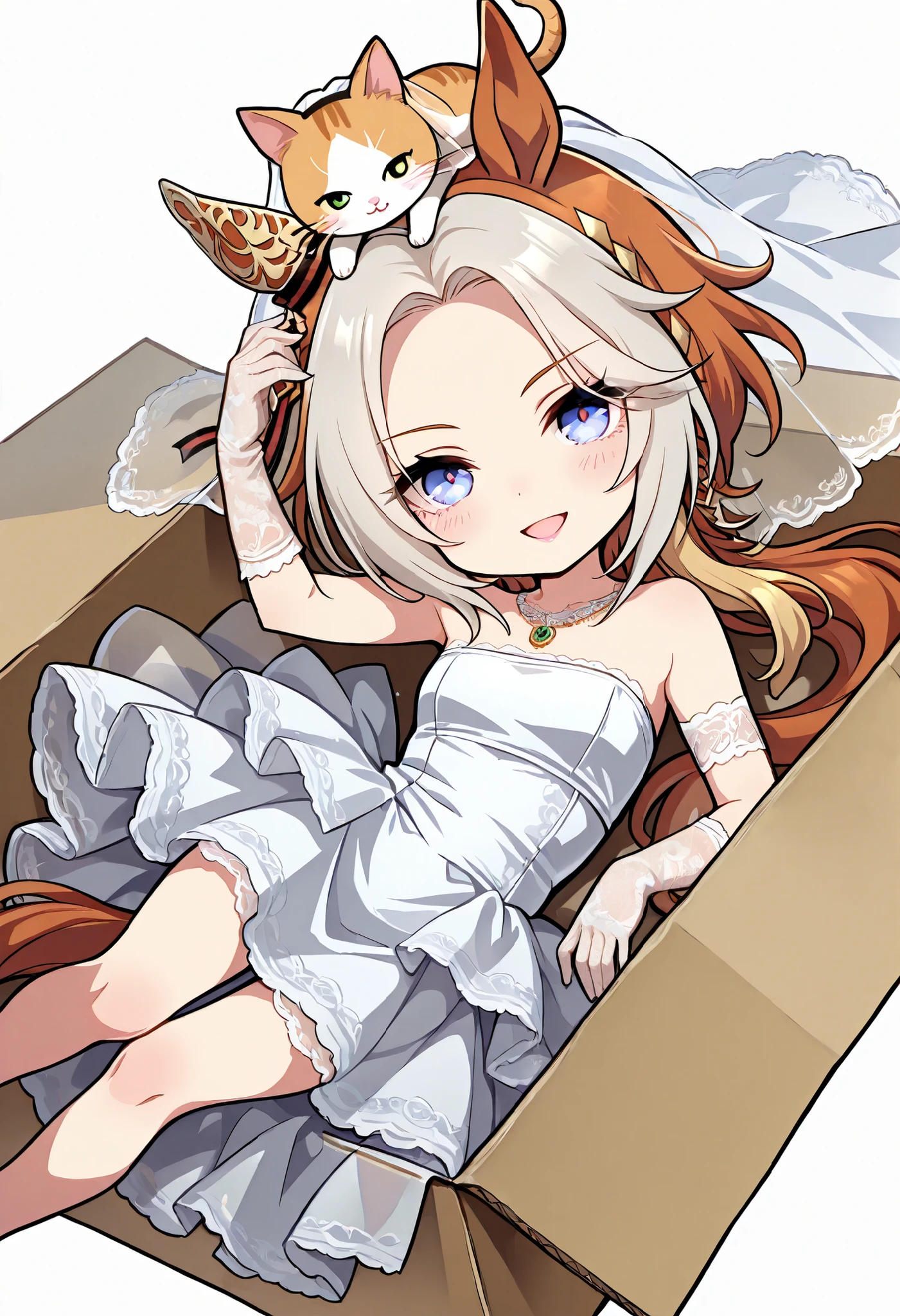 (((chibi))), (masterpiece, best quality, perfect face:1.4), wide angle, orfevre\(umamusume\), 1girl, symbol-shaped pupils, floating hair, single ear ornament, gold hair ornament, horse ears, horse tail, tail on the lower back, proportional body, proportional, beautiful hair, beautiful face, beautiful detailed eyes, beautiful clavicle, beautiful body, beautiful chest, beautiful thigh, beautiful legs, beautiful fingers, looking at viewer, BREAK, beautiful bride wearing beautiful wedding dress, (bridal veil:1.5), (Transparent short veil:1.5), (tube top wedding dress:1.5), (Silk dress:1.2), (Strapless wedding dress:1.5), pure white dress, necklace, lipstick, (lace gloves:1.5), long white dress, ((cat on top of head)), ((lying in cardboard box)), box labeled "super creek", BREAK, blush happy smile (open mouth), white background,
