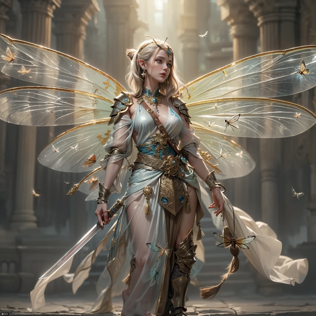 Best image quality, masterpiece level, ultra-high resolution, realism, fantasy theme, facial details, a girl, single, scattered, fairy theme, mischievous pose, white loose fringed long skirt, interior, candle, get detailed indoor lighting and movie lighting, increase detailed overall ambient light, face and eye details, improve the realism of body details, clearly express sharp focus, angry expression, fairy costumes, bright eyes, simple background.