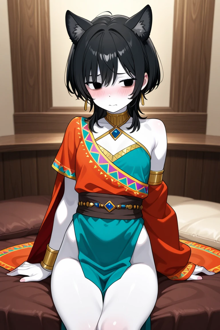 (1 boy solo:1.4),(flat chest),(dark skin:1.7), (masterpiece:1.2), highest quality, High resolution, unity 8k wallpaper, (fine and beautiful eyes:1.6), highly detailed face, perfect lighting, Detailed CG, (perfect hands, perfect anatomy), 20 years old, (black hair:1.3), (evil smile:1.4), detailed eyes, best quality, extremely detailed, very precise detailed, (glasses:1.6), (blunt bangs:1.3), (open mouth:1.3), (very short pixie cut:1.2), (Sandals:1.2), smile, (half closed eyes:1.3) ,long sidelocks, (blush),(leaning back),navel,(kneeling:1.3),(Put left knee in front:1.5), (arms behind head),mouth veil,(arabian clothes:1.5),,(see-through harem pants),spread legs