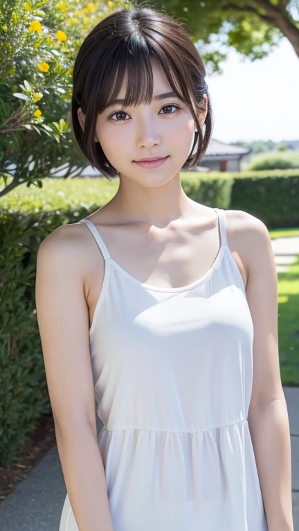 highest quality, Soft Light, Ultra-high resolution, (Realistic:1.4), RAW Photos, whole body、ample bosom, Floral Bikini、micro bikini,Japanese 16 year old girl, alone, cute, (A shy smile:1), (Brown eyes, Slanted Eyes, Light in your eyes), Beautiful face in every detail, (High resolution detail of human skin texture), (short hair), sexy, Slender body, Uniform appearance, whole body,  目尻がキュッと上がったいわゆるSlanted Eyes, The outer corner of the eye is higher than the inner corner of the eye, Looks like a strong will, Eyes with protruding corners、I can see your belly button、Thighs visible 1.8,Park with nice weather、