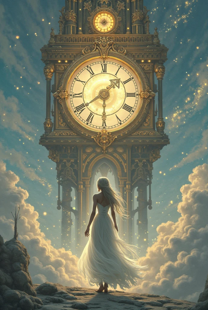 The image presents a surreal and dreamlike scene. The central figure is a woman, standing with her back to the viewer, looking out towards a cosmic landscape. Her long, flowing dress suggests movement and grace. Surrounding her is a large clock face, which serves as a portal or gateway to the starry expanse beyond. The clock hands are in a position that might suggest a specific time, but it's not clear whether this is meant to be interpreted literally or metaphorically. The background is filled with swirling clouds of blue and white, evoking the appearance of a nebula or a celestial body like a planet. This backdrop is studded with smaller clocks and gears, adding to the sense of complexity and depth in the image. The overall color palette is dark and moody, with blues and blacks dominating, punctuated by the golden tones of the clocks and the soft glow of the stars.