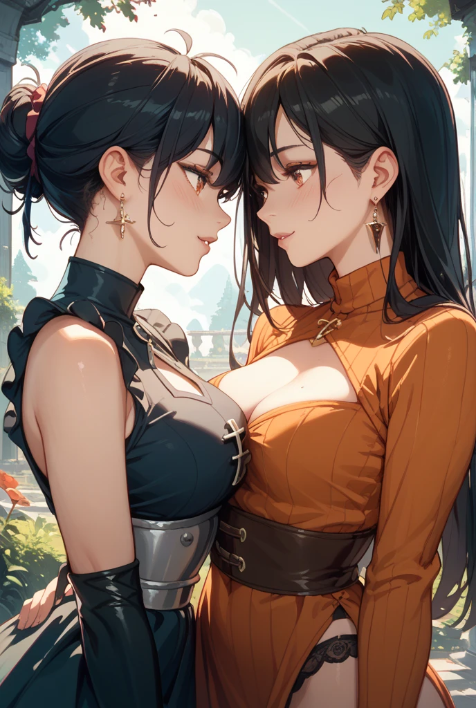 medieval setting, full view of body, 1 skinny female with large breast, beatiful smokey green eyes, black hair pinned up, off-shoulder midi dress, red scarf around her neck, eerie sunset