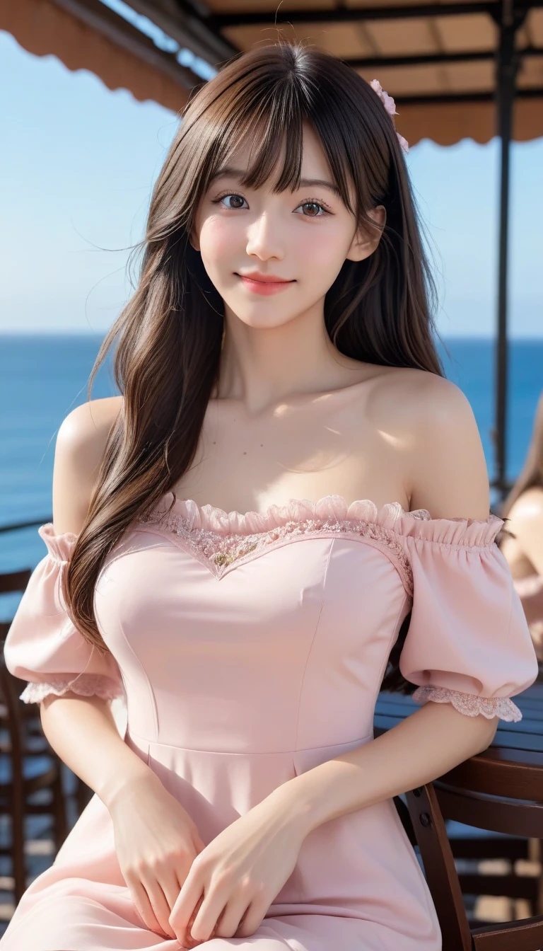 laughing out loud,1 female, 2,(Yellow bow spaghetti strap dress),Outside the castle,light brown hair, blunt bangs, hair behind ears, Shoulder length hair, long hair, Braided hair repair,long body shape, 超face slimming型, face slimming, delicate lips, beautiful eyes, Thin blush, Eyes are light brown,Check it out here, (actual:1.3), One person's perspective, 8k, Super detailed, high quality, best quality, High resolution,knee shot,My breasts look big in my clothes,The skirt is very fluffy