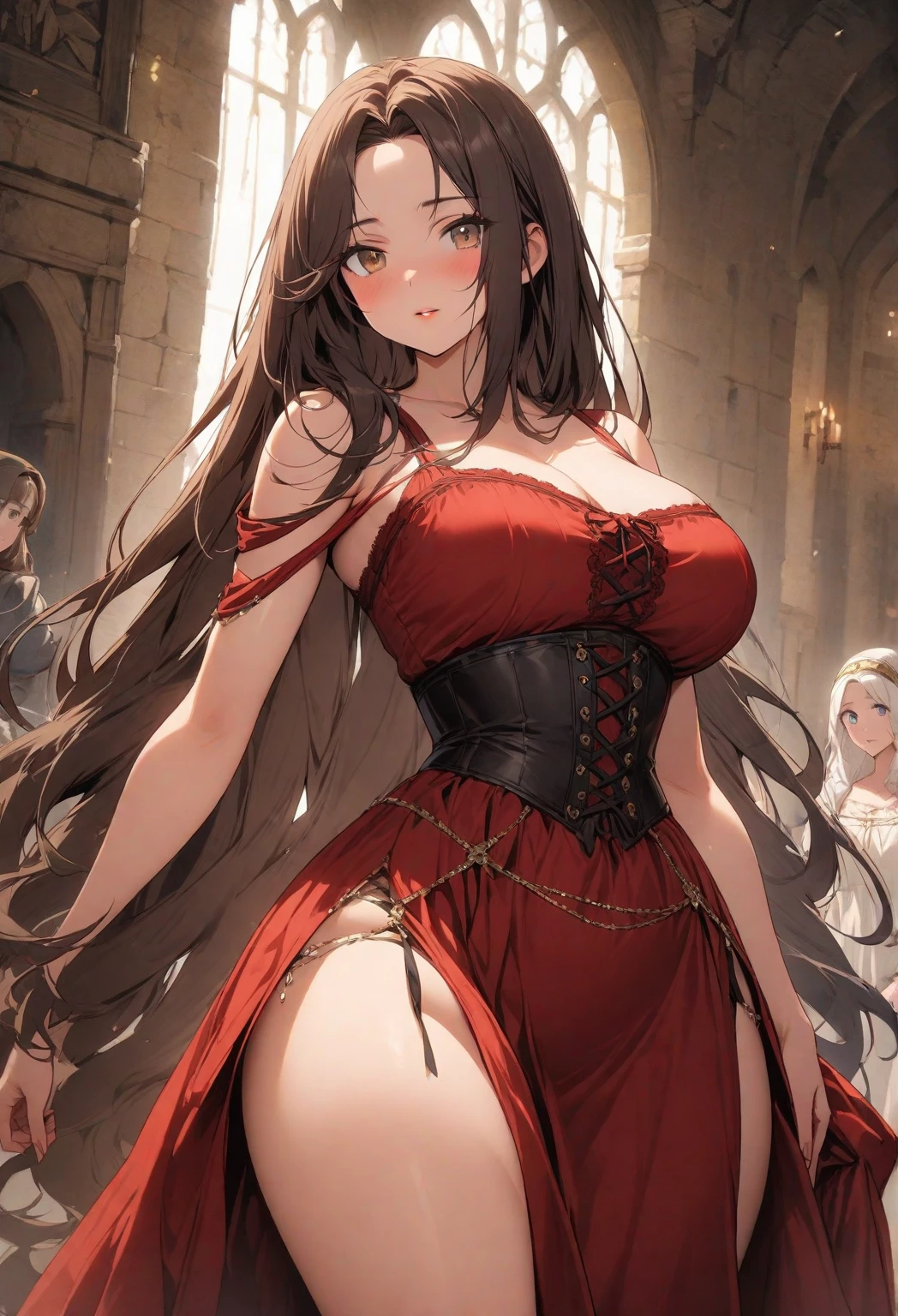 ((masutepiece, Best Quality, hight resolution, nffsw, Perfect Pixel, 4K, nffsw, nffsw))), 1girl in, Single, Solo, Beautie、full body seen、 ((Medium length wavy hair, Bangs, Brown hair)), ((Brown-eyed, Beautiful eyelashes, Realistic eyes)), ((Detailed face, Blushing:1.2)), ((Smooth texture:0.75, Realistic texture:0.65, Photorealistic:1.1, Anime CG style)), medium breasts, Dynamic Angle, Perfect body, (Santa Claus Costume、Red knitted hat、Red off-the-shoulder sweater、Long flared skirt、no-bra)), Christmas Lights、Looking up from the bottom of the stairs、Very embarrassing panic smile、Open your mouth and make a surprised face、 turned around、bending forward、(The wind flipped my skirt and exposed my butt...................................................、stick out your butt、Touching the buttocks with both hands、White lace panties)、