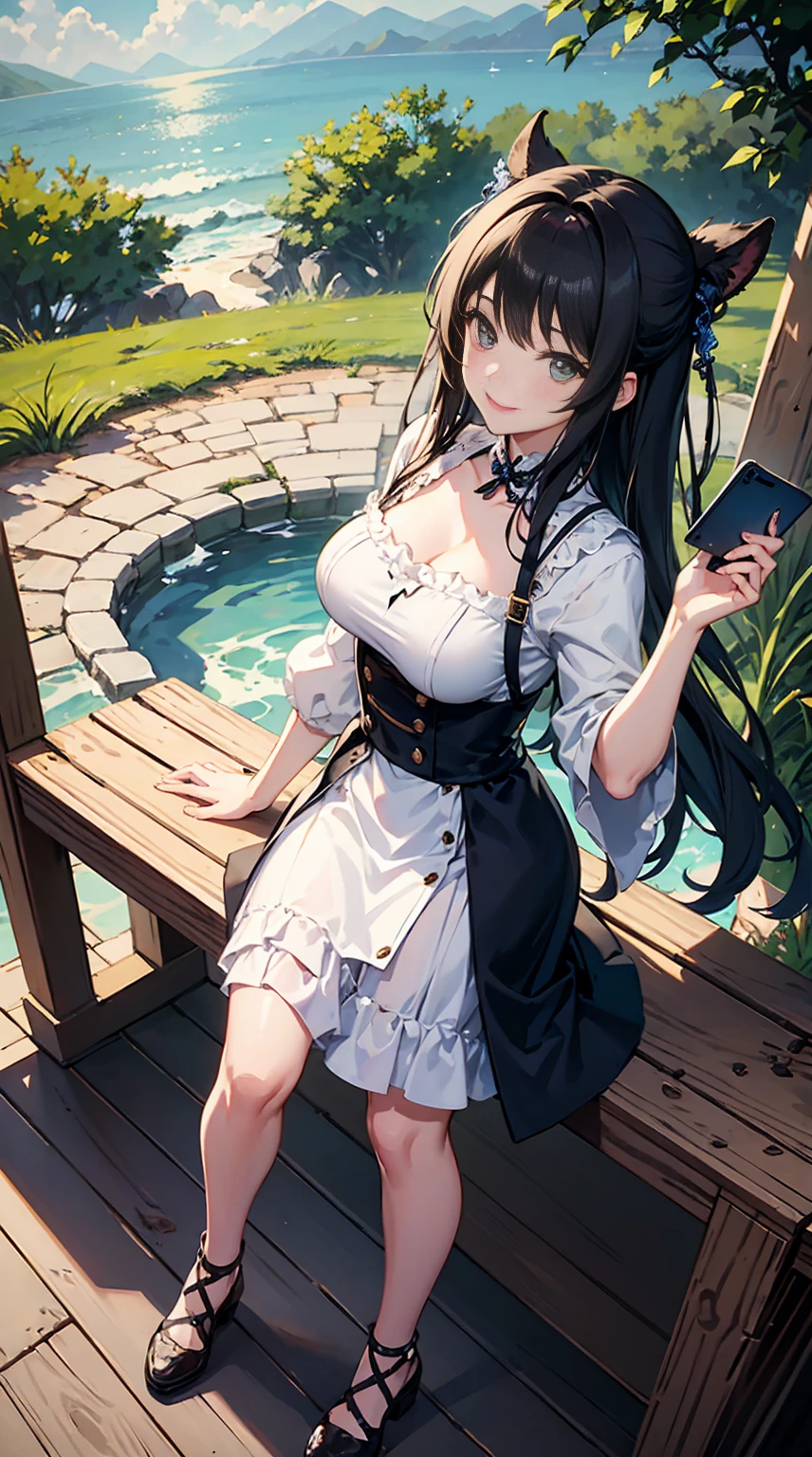((2D beautiful girl、4k、8k、top-quality、Perfect Finger 1.1、Perfect Anatomy 1.1、Dress perfectly、Beautiful illustration))、Blur the background、a beautiful slender girl、(transform sequence)、((stright long hair))、Soio、Soio、 girl、japanes、Lori、Chiquita、a junior highred、((White and blue Japanese style maid leotard))、(highleg)、Tiara on the head、A smile、 Facing the front、Western style garden with fountain、Standing on one knee、