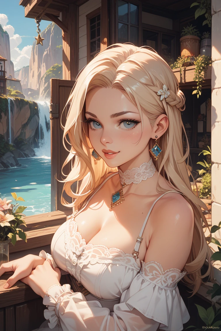 ((ultra quality)), ((tmasterpiece)), gnome girl, Short stature. ((matalic-silver hair, hairlong, braided)), (silver ear rings), (silver necklace around the neck), (Beautiful cute face), (beautiful female lips), Charming, ((sexy facial expression)), is looking at the camera, eyes are slightly closed, (Skin color: white), Body glare, ((detailed beautiful female eyes)), ((dark blue eyes)), (juicy female lips), (beautiful female hands), (A bit full figure, bun), ((perfect female figure)), perfect female body, Beautiful waist, Gorgeous hips, Beautiful large breasts, ((Subtle and beautiful)), seductively worth it (Rear view) (close-up of the face), (wearing a short, tight, yellow antebellum sundress) background: on the threshold of the house, Hot day, ((Depth of field)), ((high quality clear image)), (crisp details), ((higly detailed)), Realistic, Professional Photo Session, ((Clear Focus)), the anime