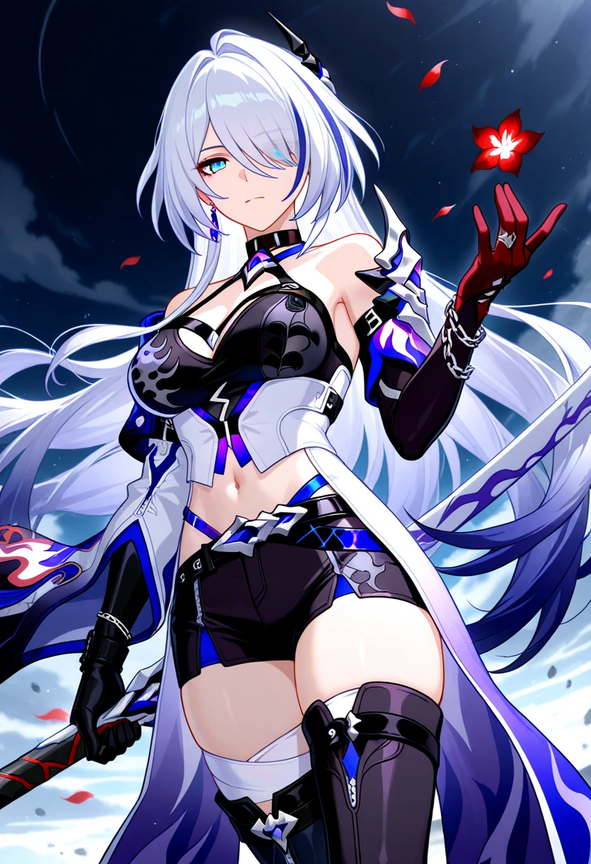 a woman with white hair and red streaks, neutral facial expression, detailed red eyes, holding a large ornate purple sword, detailed eyes, extremely detailed sword, cinematic dramatic lighting, fantasy, concept art