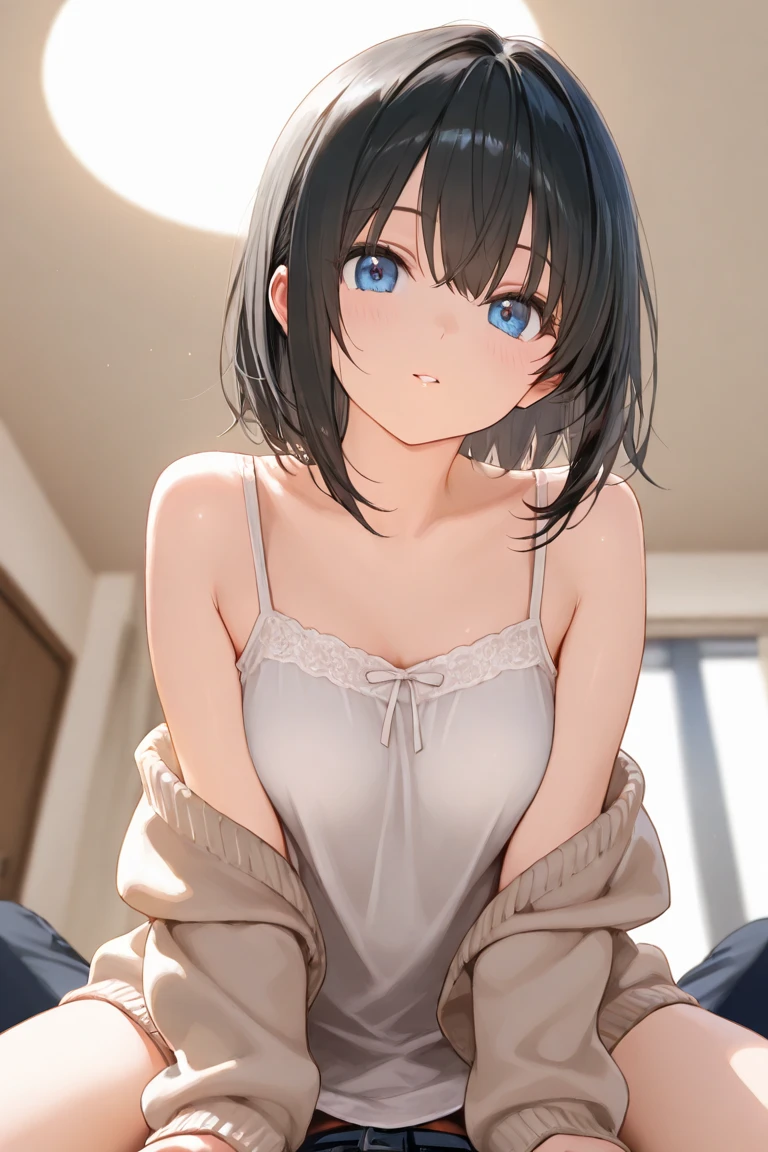 ((Highest quality)), ((masterpiece)), (detailed),((nymph)),13 years old, Black Hair,(Childish face), (Bob Hair), Girl ,small Breasts , ((topless)), ((Blue eyes)),shy-smile, Night time, ((white Bathrobe)), reading Light ,Bedroom ,((extreme_close_up)) , ((crawling position)), ((seductively posing)),