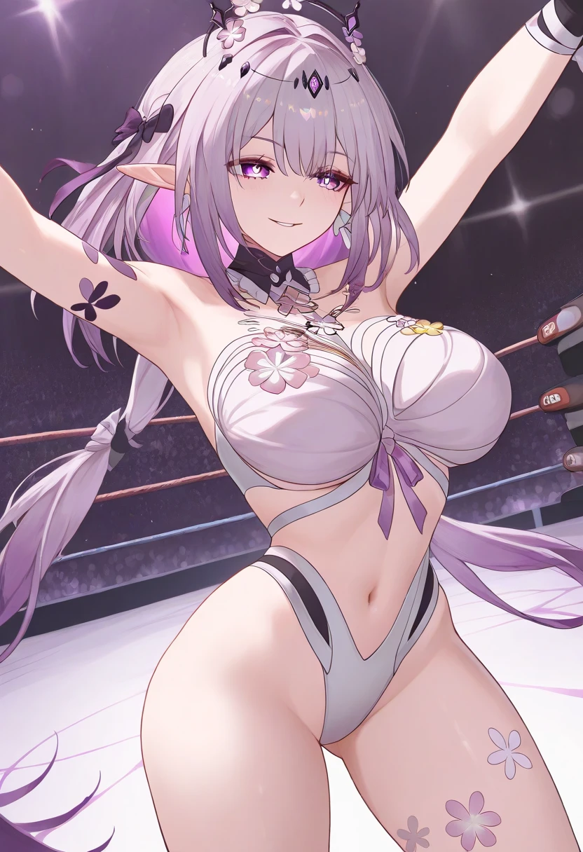 masterpiece, best quality, beautiful art, high resolution, well formed hands, body and fingers, 1 woman, solo, big breasted, cleavage, wolf ears and wolf tail, full body, gorgeous legs hips and thighs, wearing a Dangerous Beast outfit, long purple hair, purple eyes, she performs a kick on the viewer, kicking it, smiling joyfully and brightly, feeling confident and cocky, sweating, fighting and action scene, bouncing breasts, martial arts platform in a camping area