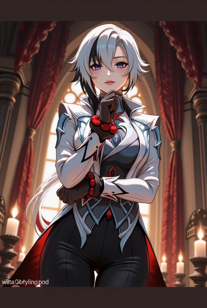 arlecchino, genshin impact, mature woman, mature face, hot face, emotionless face, (black eyes, red pupils), sharp eyes, (cool beauty), white hair, mature body, dominant, living room, view from below